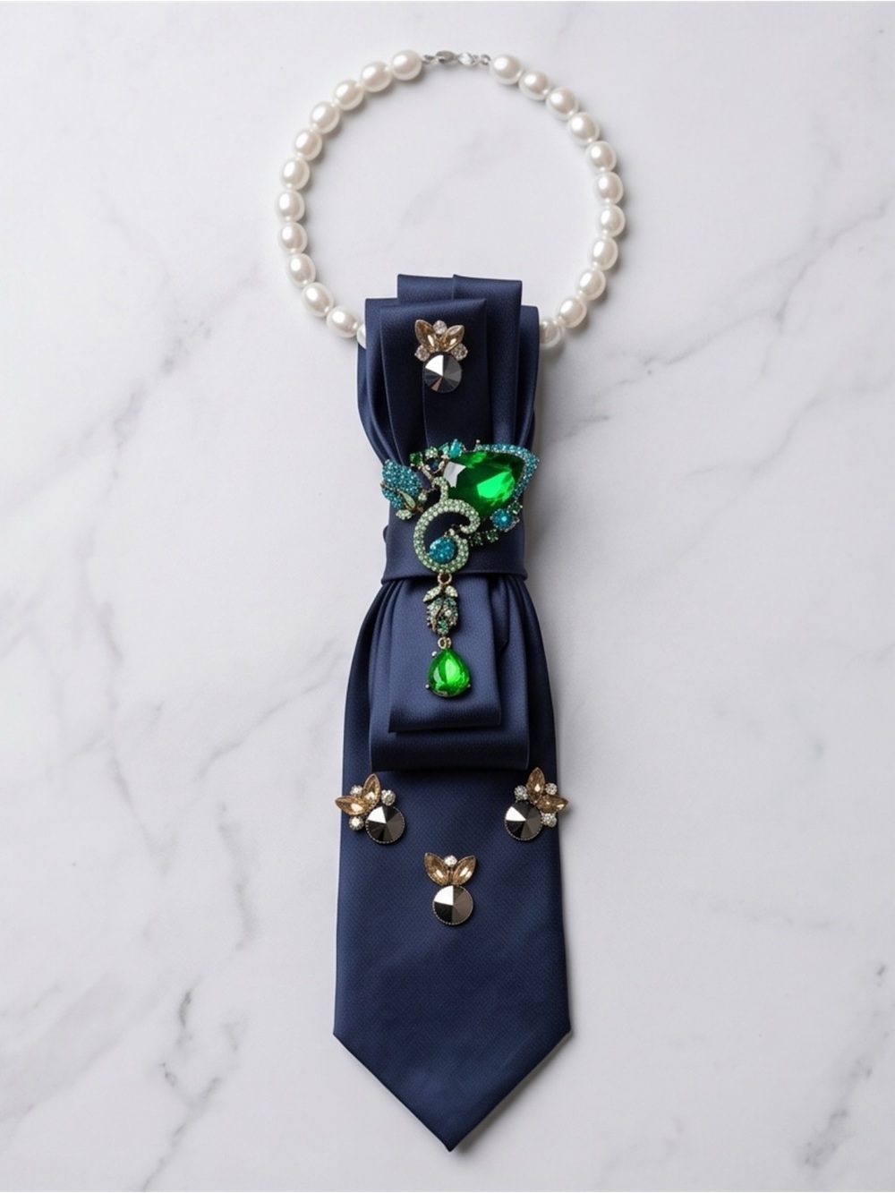Necklace Tie with Navy Satin Bow and Green Crystal Brooch.